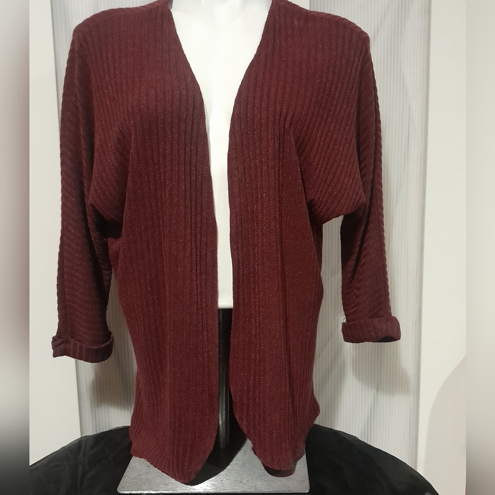 Olivia Rae - Cranberry Colored Open Front Cardigan, Ribbed Design, Size Medium